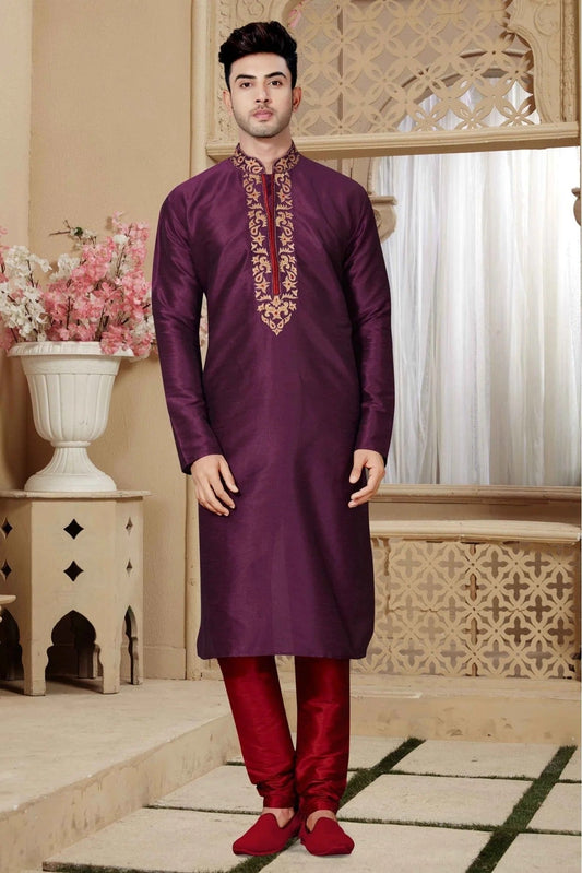 Magenta Kurta Pajama In Art Dhupion NCKP10410566