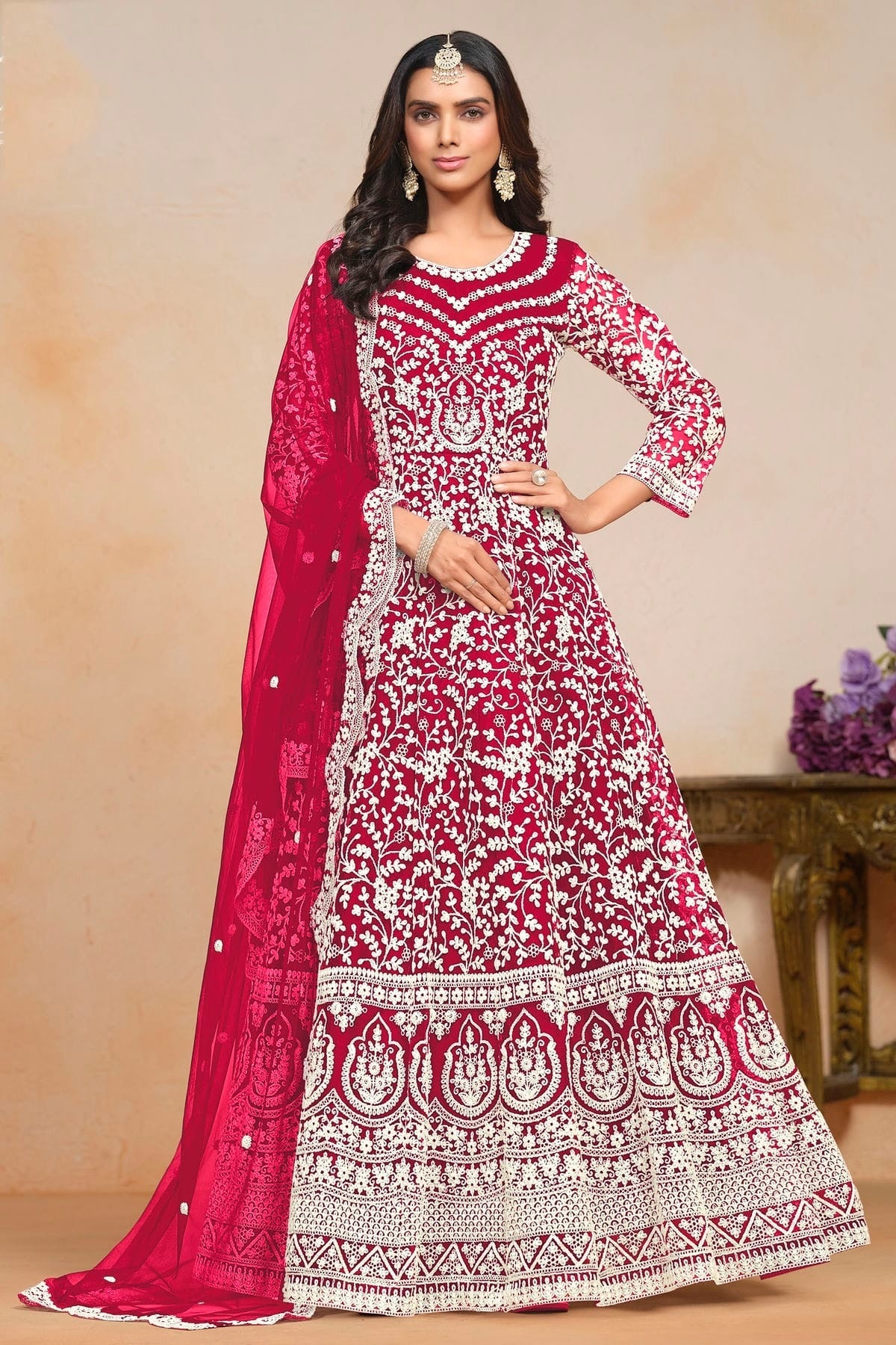 Magenta Net Semi Stitched Anarkali Suit NCSM10510187