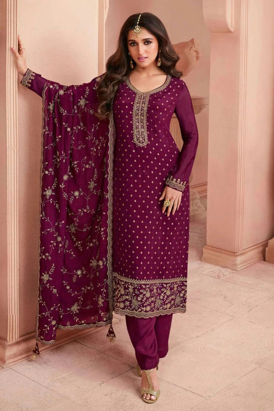 Magenta Semi Stitched Dola Jacquard Silk Pant Style Suit NCSM11410406