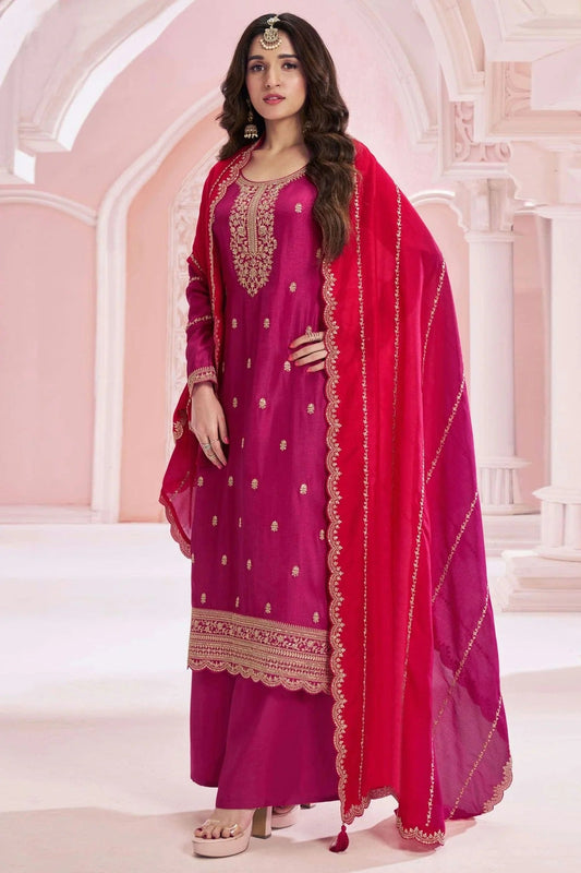 Magenta Semi Stitched Vichitra Silk Palazzo Pant Suit NCSM11410424