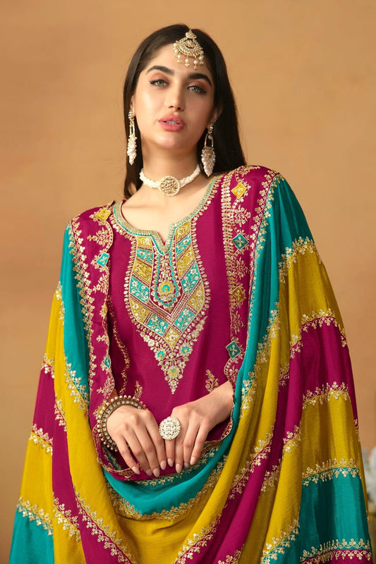 Magenta Straight SuitChinon Silk Semi Stitched  NCSM10510252