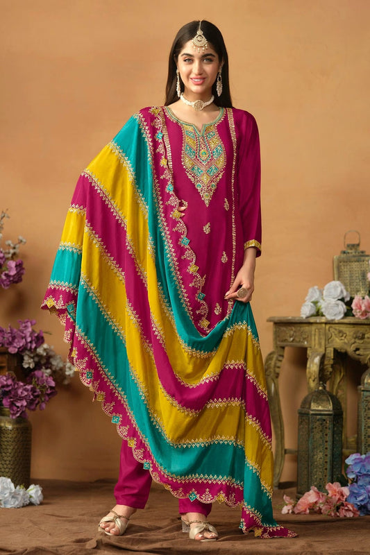 Magenta Straight SuitChinon Silk Semi Stitched NCSM10510252