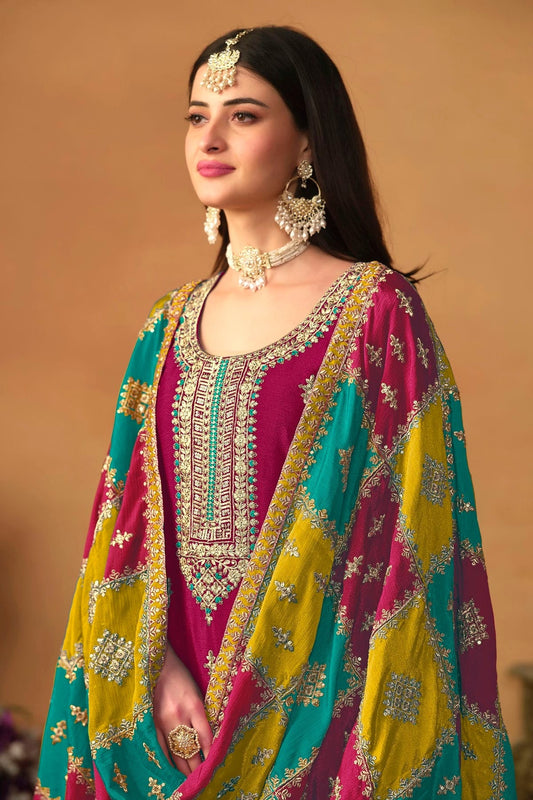 Magenta Straight SuitChinon Silk Semi Stitched  NCSM10510255
