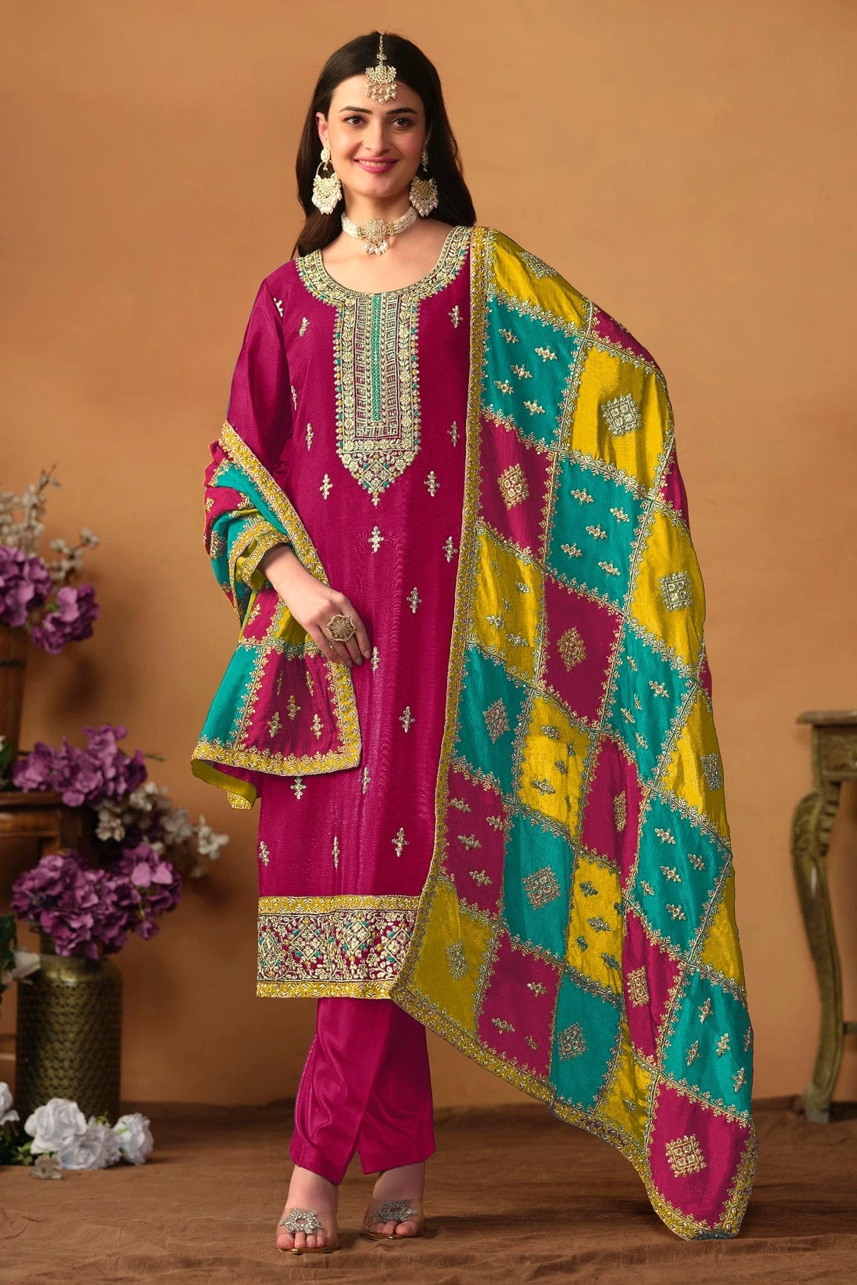 Magenta Straight SuitChinon Silk Semi Stitched NCSM10510255