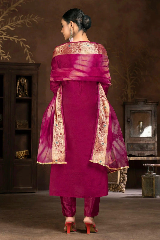 Magenta Unstitched Cotton Jacquard Pant Style Suit NCUS11610134