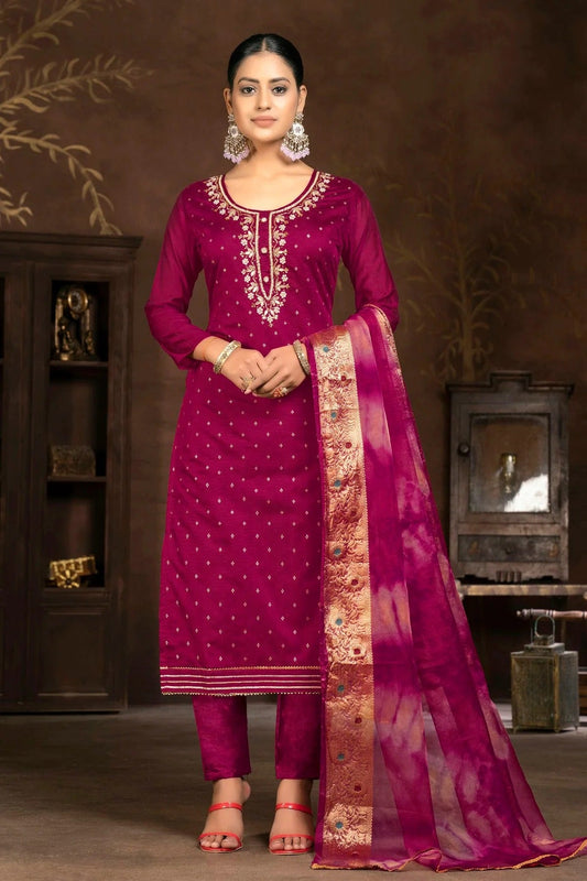 Magenta Unstitched Cotton Jacquard Pant Style Suit NCUS11610134
