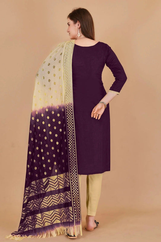 Magenta Unstitched Cotton Jacquard Straight Suit NCUS11610380