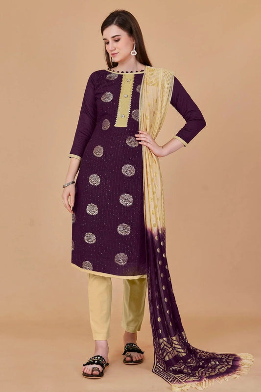 Magenta Unstitched Cotton Jacquard Straight Suit NCUS11610380
