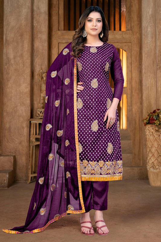 Magenta Unstitched Modal Chanderi Pant Style Suit NCUS11610394