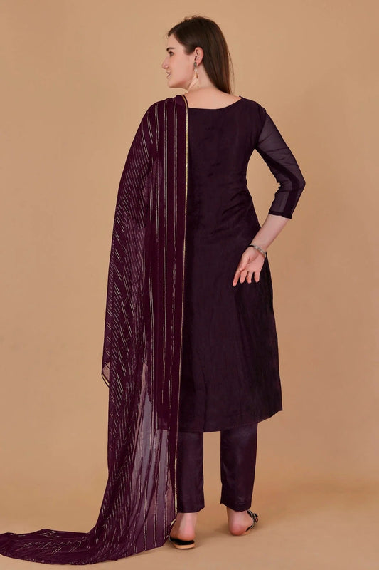 Magenta Unstitched Organza Jacquard Straight Suit NCUS11610302