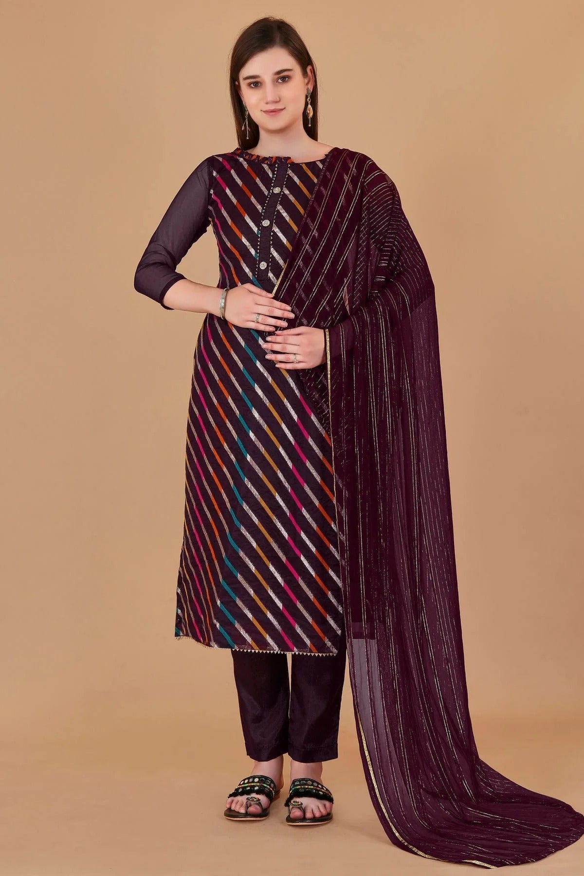 Magenta Unstitched Organza Jacquard Straight Suit NCUS11610302