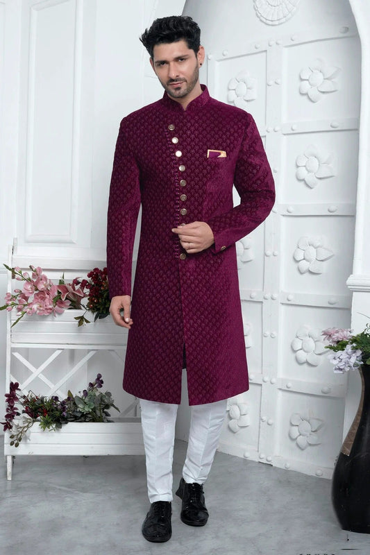 Magenta Velvet Silk Indowestern Sherwan With Aligadhi Pant  NCSH12310348