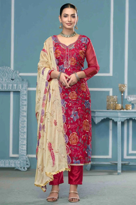 Magenta Viscose Organza Pant Style Suit NCSM11110705