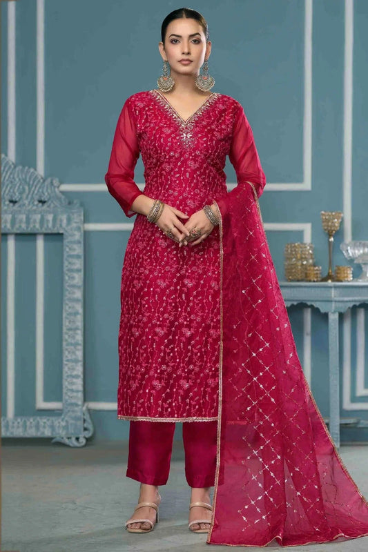 Magenta Viscose Organza Pant Style Suit NCSM11110753