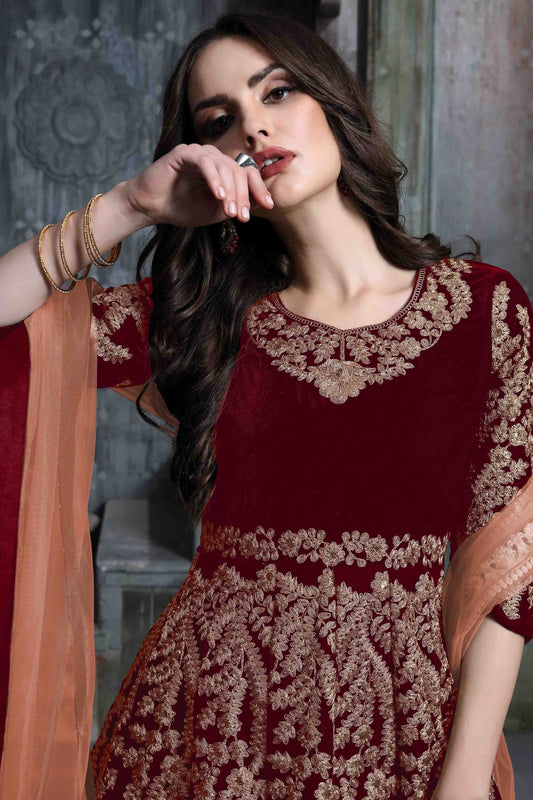 Maroon 9000 Velvet Semi Stitched Anarkali Suit NCSM10510379