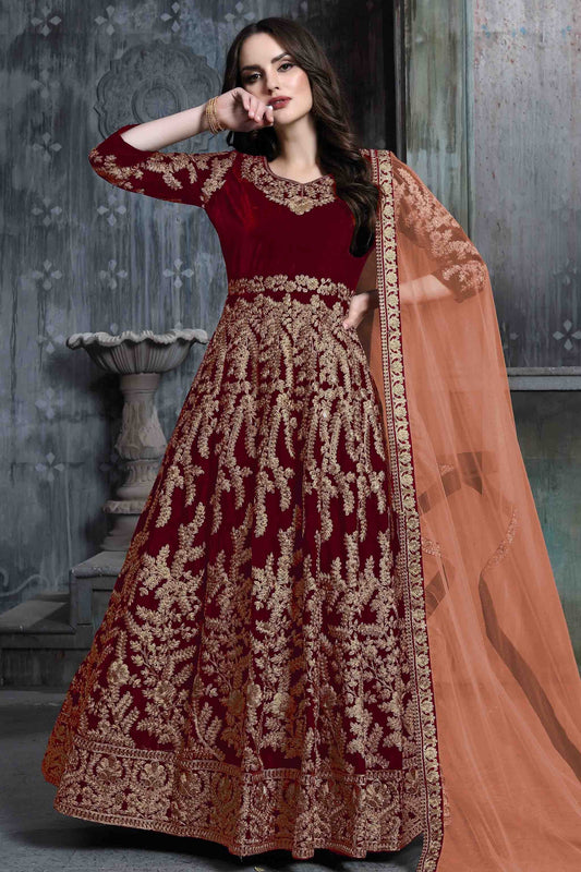 Maroon 9000 Velvet Semi Stitched Anarkali Suit NCSM10510379