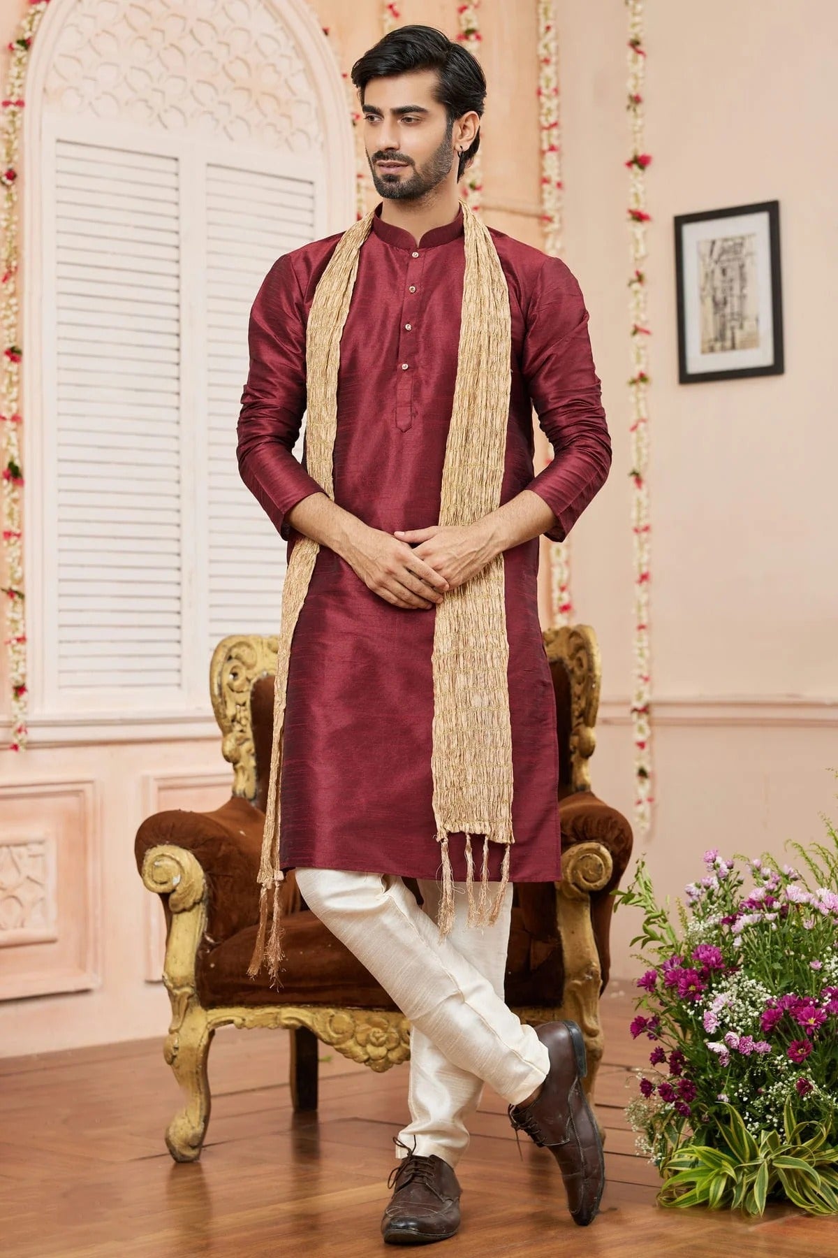 Maroon Art Silk Kurta PajamaWith Stole  NCKP12310129