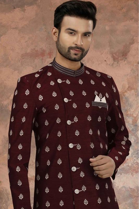 Maroon Art Silk Thread Sherwani NCSH10410442