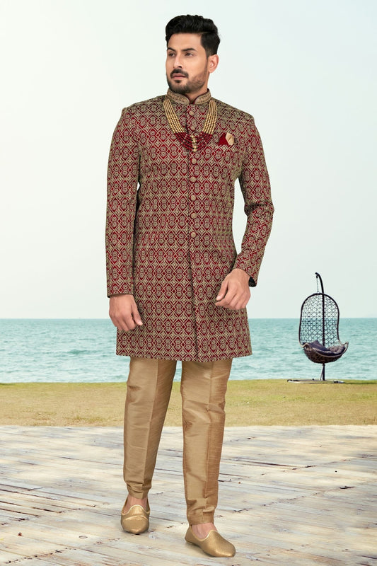 Maroon Banarasi Silk Sherwani NCSH10410262