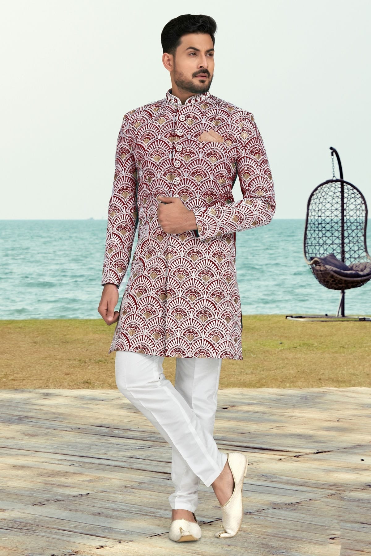 Maroon Banarasi Silk Sherwani NCSH10410264