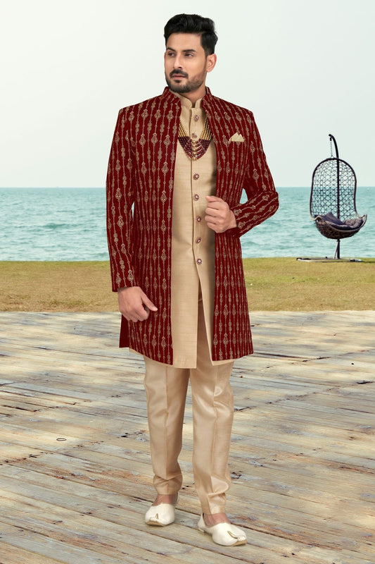 Maroon Banarasi Silk Sherwani NCSH10410269