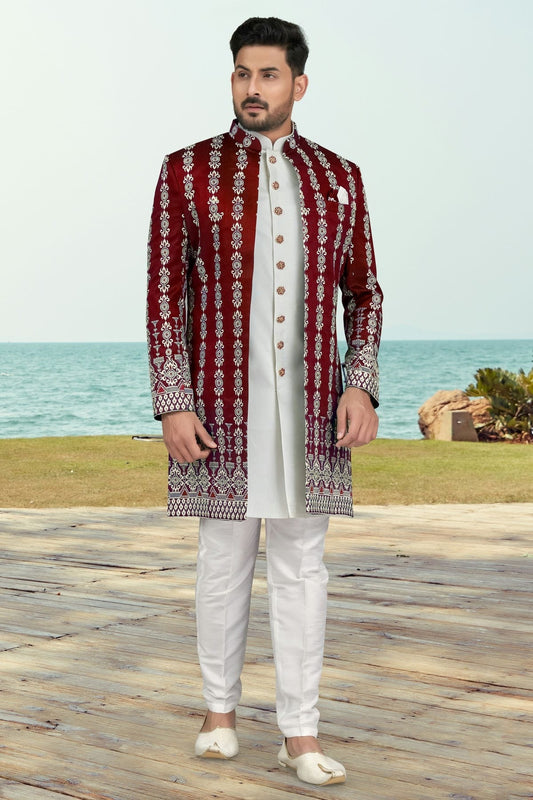 Maroon Banarasi Silk Sherwani NCSH10410272