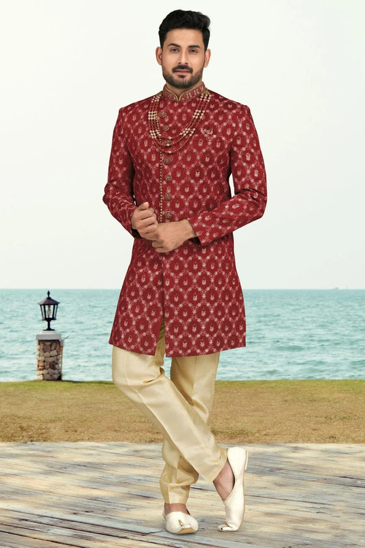 Maroon Banarasi Silk Sherwani NCSH10410274