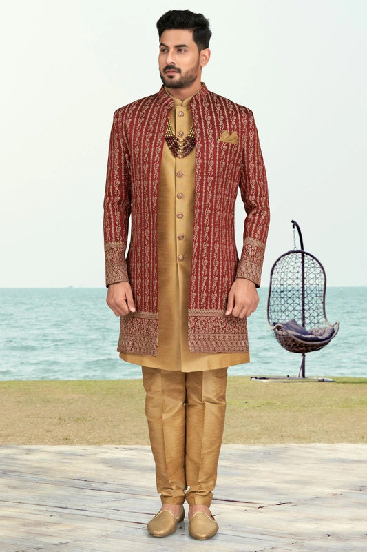 Maroon Banarasi Silk Sherwani NCSH10410281