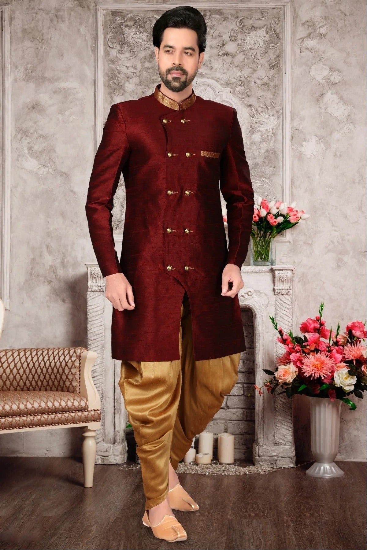Maroon Brocade Silk Dhoti Sherwani NCSH10410392