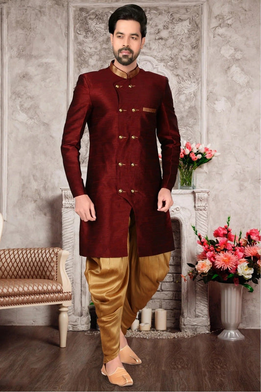 Maroon Brocade Silk Dhoti Sherwani NCSH10410392
