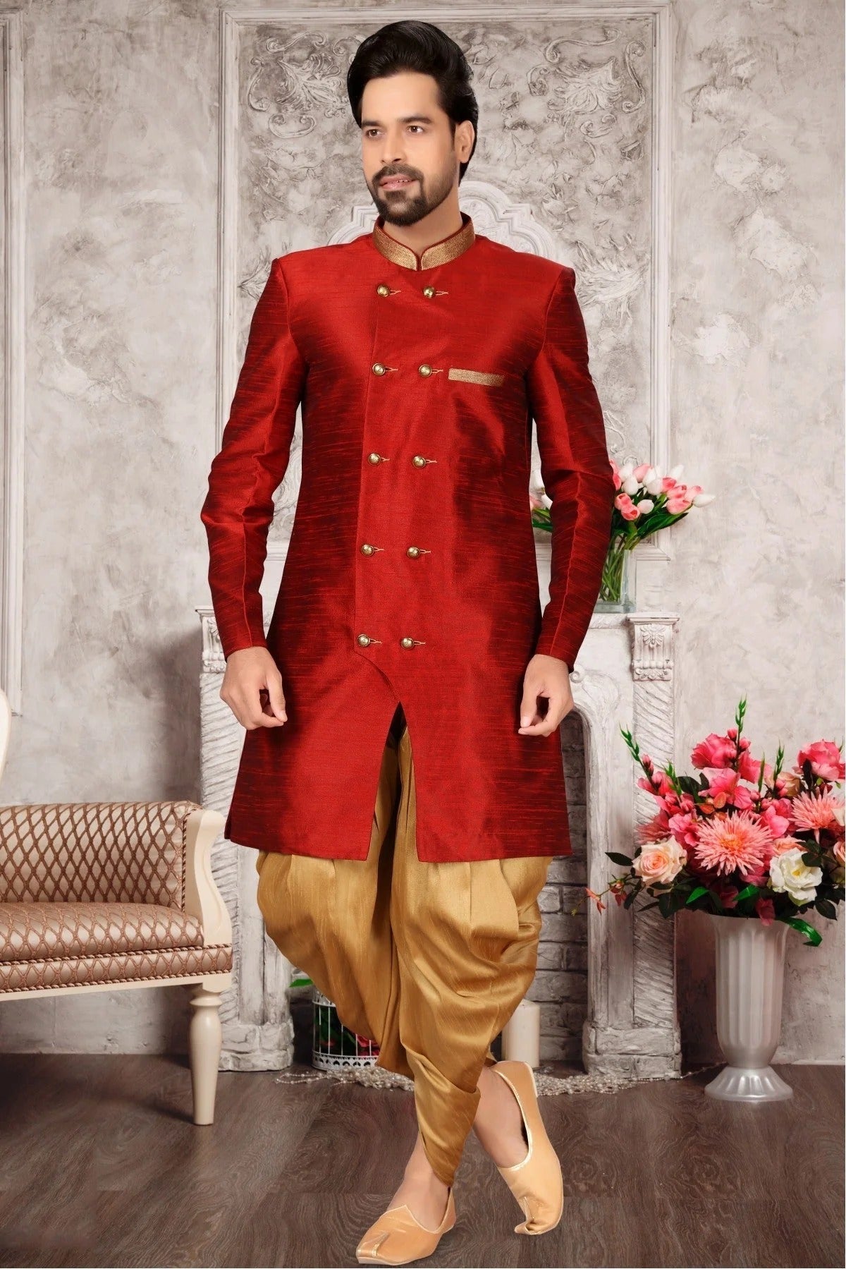 Maroon Brocade Silk Dhoti Sherwani NCSH10410396