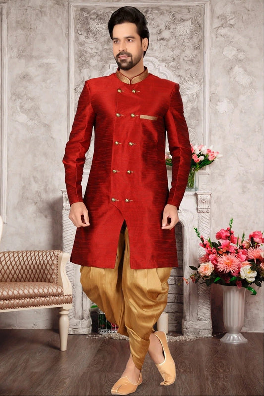 Maroon Brocade Silk Dhoti Sherwani NCSH10410396