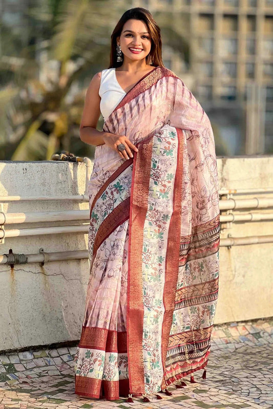 Maroon Chanderi Crush Printed Saree NCSD11110996