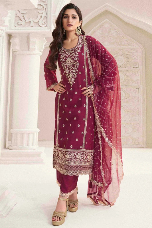 Maroon Chiffon Palazzo Pant Suit NCSM11110769