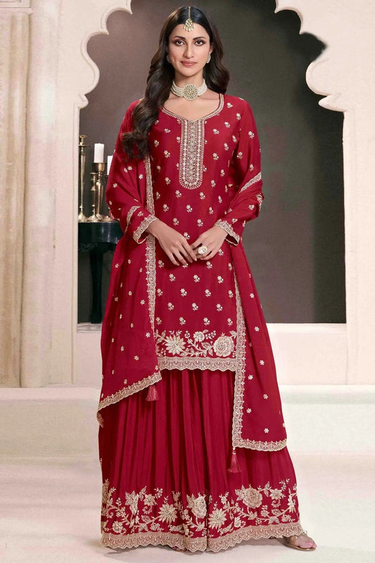 Maroon Chinon Palazzo Pant Suit NCSM11410100