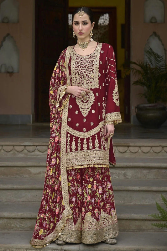 Maroon Chinon Palazzo Pant Suit NCSM11410539