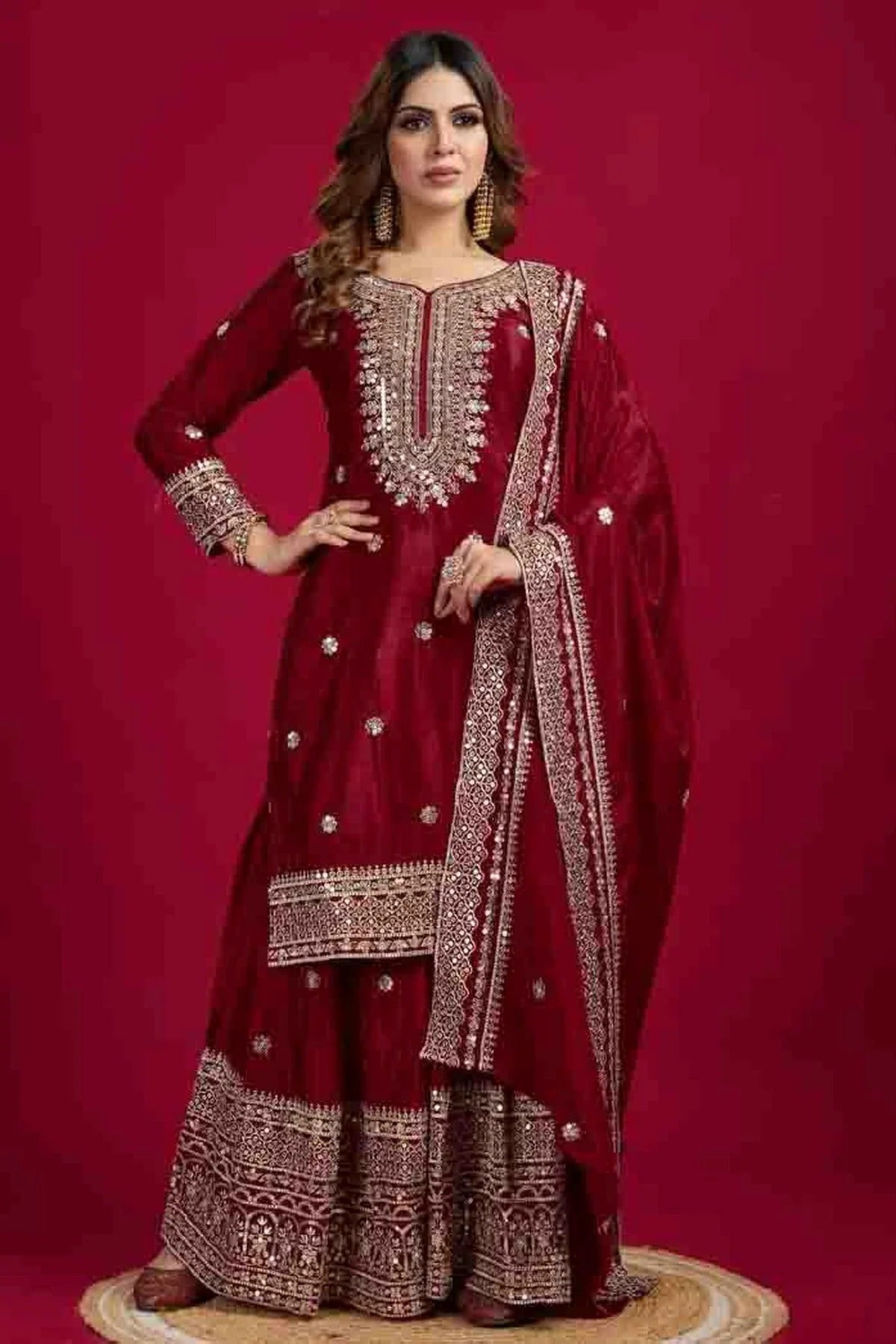 Maroon Chinon Silk Stitched Sharara Suit NCSS11410276