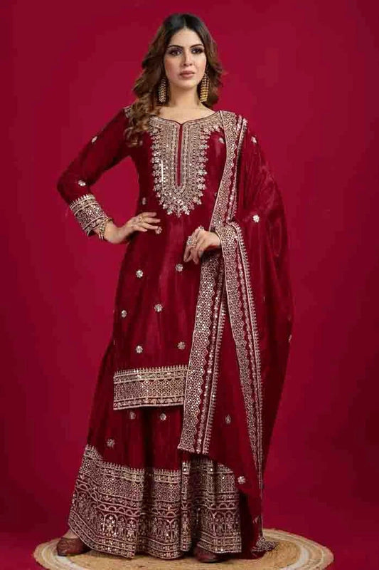 Maroon Chinon Silk Stitched Sharara Suit NCSS11410276