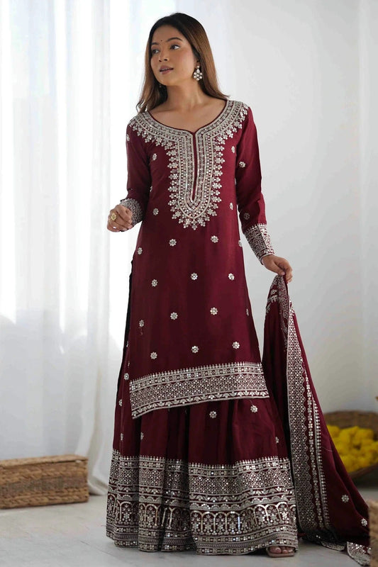 Maroon Chinon Silk Stitched Suit NCSS11110853