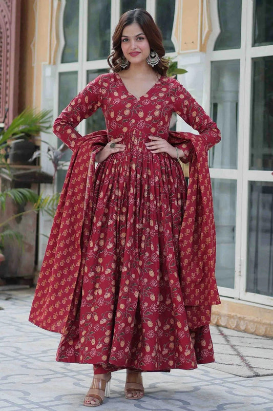 Maroon Cotton Stitched Anarkali Suit NCSS11110166