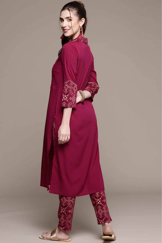Maroon Crepe Foil Print Kurta With Pant  NCKR10610154