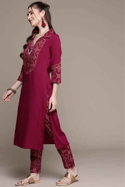 Maroon Crepe Foil Print Kurta With Pant  NCKR10610154