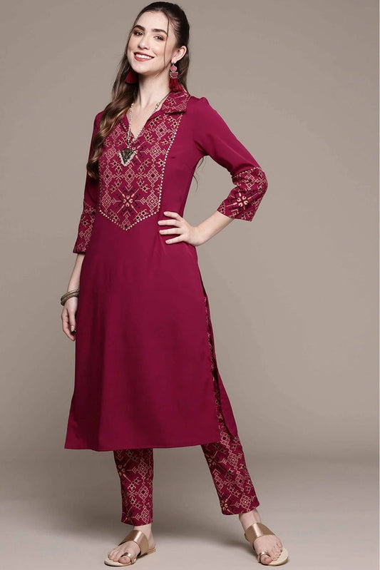 Maroon Crepe Foil Print Kurta With Pant NCKR10610154