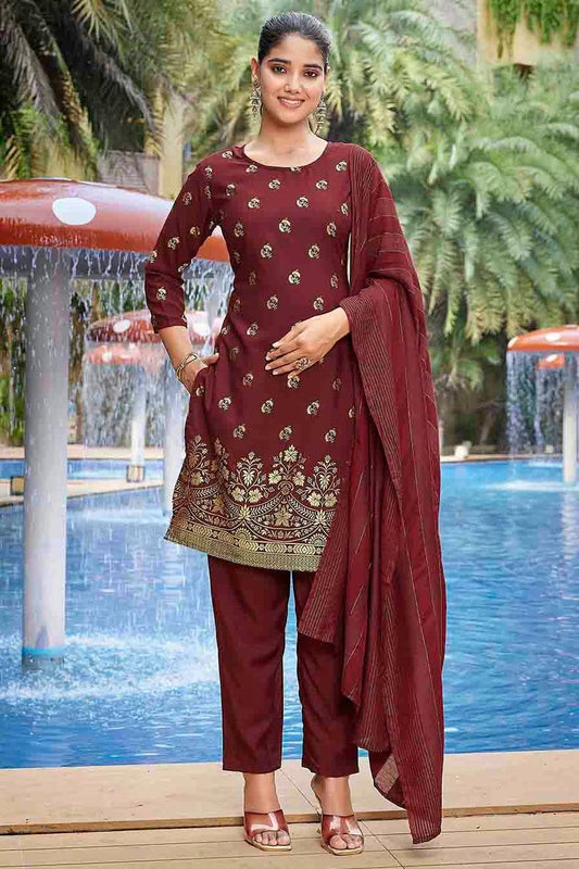 Maroon Crepe Foil Printed Pant Style Suit NCSS11110339
