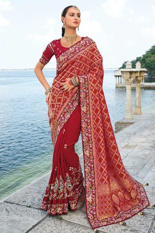 Maroon Dola Silk and Bandhej Designer Saree NCSD11111776