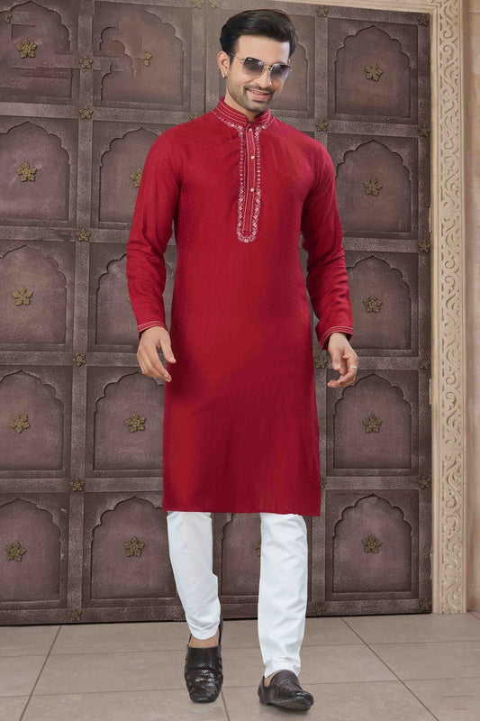 Maroon Embroidery Cotton Kurta Pajama NCKP11110526