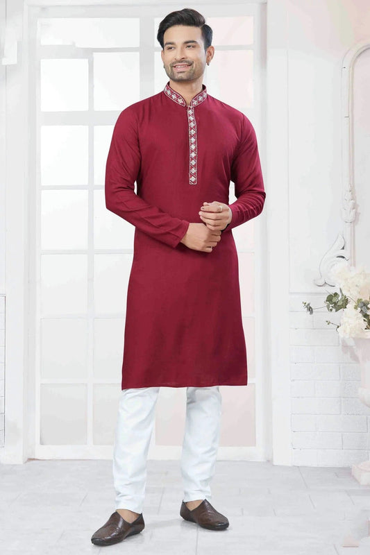 Maroon Embroidery Cotton Kurta Pajama NCKP11110547