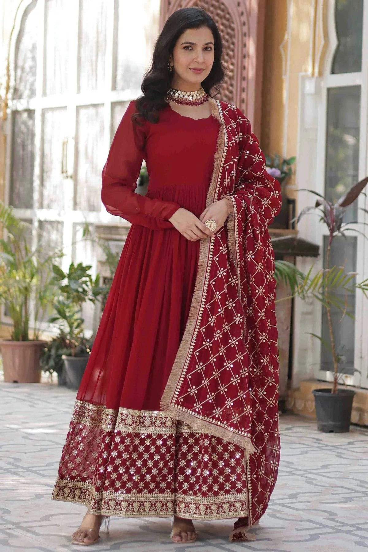 Maroon Embroidery Faux Georgette Gown NCGW11110479