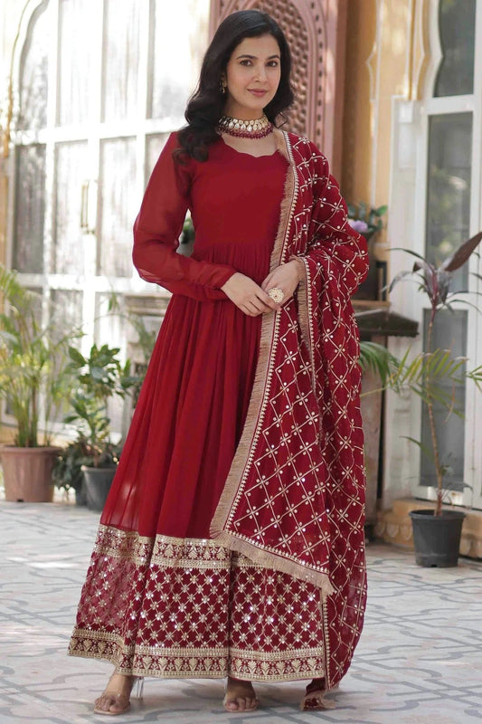Maroon Embroidery Faux Georgette Gown NCGW11110479