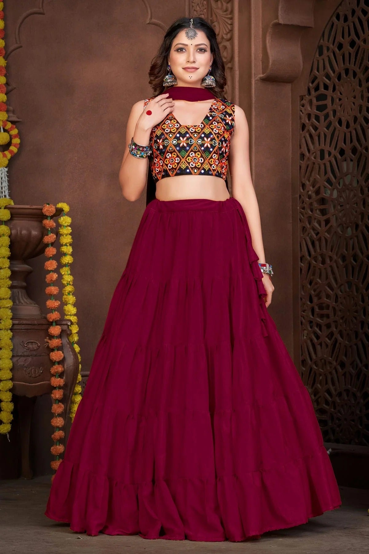Maroon Embroidery French Crepe Navratri Lehenga  NCLD11710191